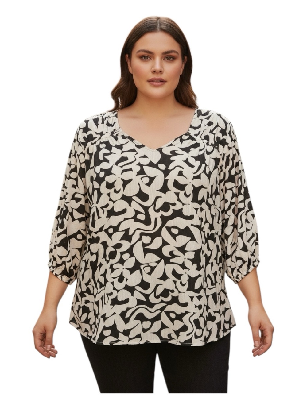 Terra & Sky Plus Size 4X Black and Cream Abstract V-Neck Plus-Size Blouse